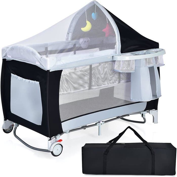 Lit Bébé 4 en 1 COSTWAY Berceau,Table à Langer,Parc de Jeux-Fonction Basculement--Boîte à Musique avec Lumières-Pliage Facile-Noir
