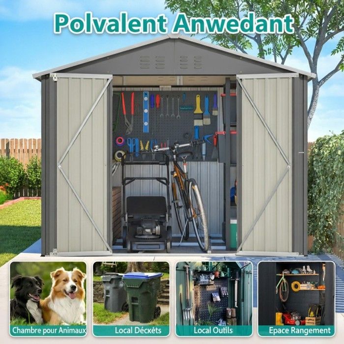 Caseta de jardín metálica - LANGTU - 229 x 180 cm - Antracita - Puerta doble de 106 cm - Acero galvanizado resistente a la corrosión