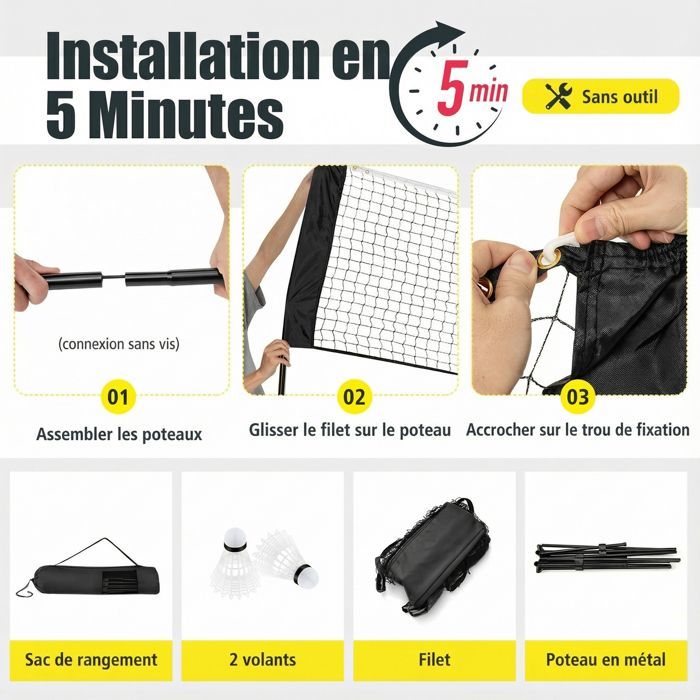 Red de bádminton portátil COSTWAY 310x102x89-155cm - Altura ajustable - 2 volantes - PE - Montaje en 5 minutos - Bolsa de almacenamiento - Negro
