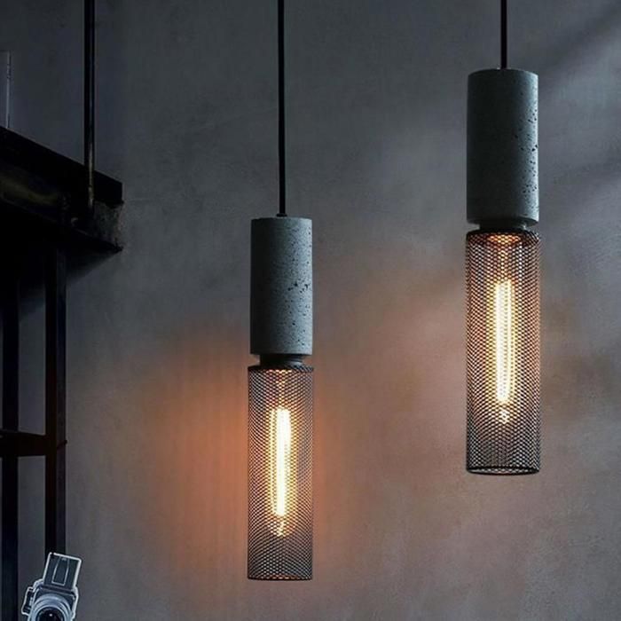 WOTTES Lustre Industriel Rétro En Maille Avec Abat-Jour En Fer Noir, Simple Moderne Nordique Suspension En Ciment, 6.5*35cm, 1pcs