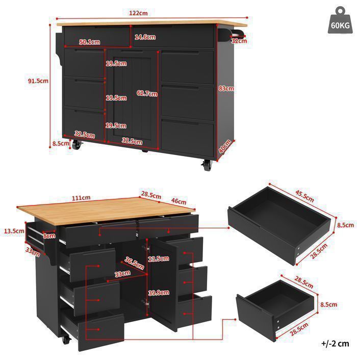 Carrito de cocina - TKOPY - Isla de cocina rodante con 8 cajones y especiero - 122x74,5x91,5cm - Negro