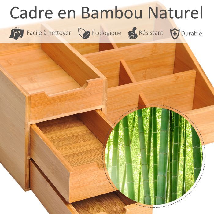 Organizador de escritorio - HOMCOM - Caja de almacenamiento de 7 compartimentos con 2 cajones - Bambú - Natural