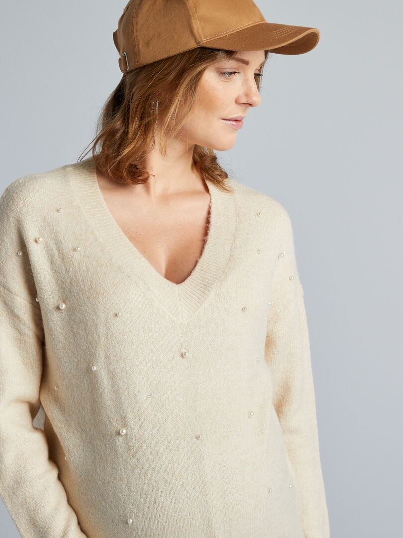Zwangerschapstrui van tricot met parels - BEIGE
