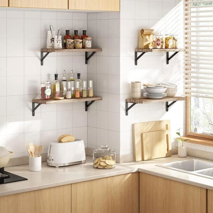 Etagère Murale Bois, Lot de 4 Flottantes Tablettes Métal Charge Maximal 20 Kg pour Salon Chambre Bureau Salle de Bains ou Cuisine