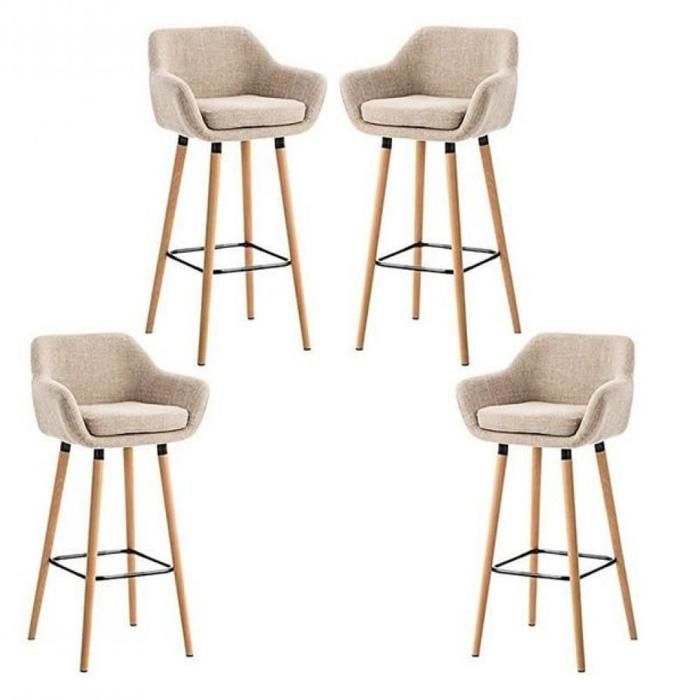 MIPAN . Lot de 4 Tabourets de Bar en lin avec pieds en bois -  Chaise Bar Haute en Tissu - Tabourets de Bar Beige
