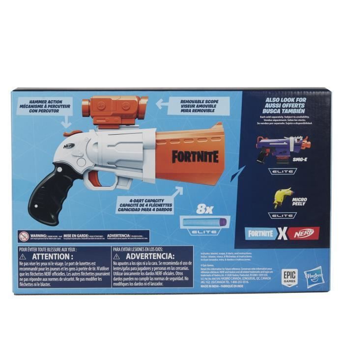 NERF - Fortnite - Blaster SR a 4 dardi con percussore e mirino rimovibile - Include 8 dardi NERF Elite ufficiali