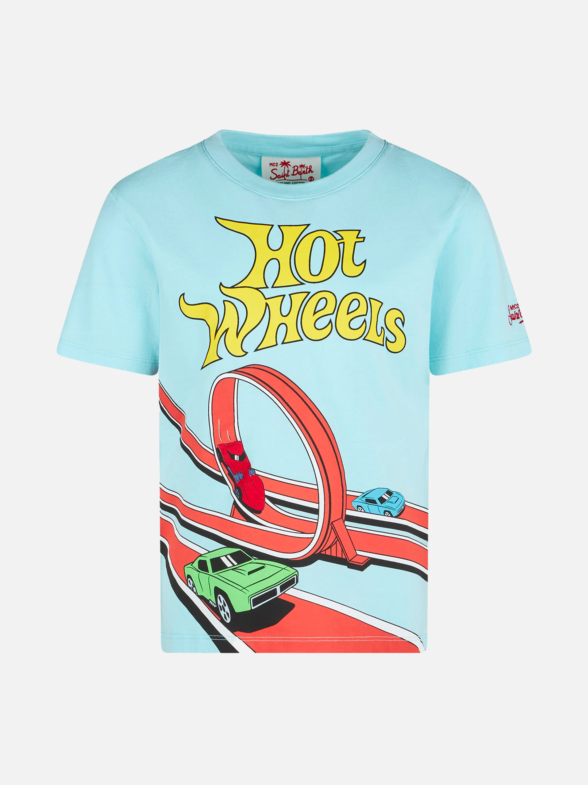 T-shirt da bambino in cotone verde acqua con stampa Hot Wheels | EDIZI