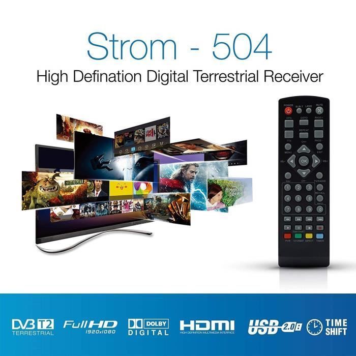 Strom 504 Full HD DVB-T2 Digital Terrestrial Receiver - HEVC264 Compatible - (HDMI, SCART, USB, Digital Plus) Black