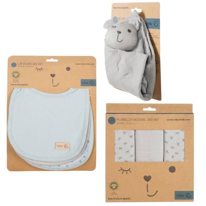 ROBA Lil Planet Baby Cadeauset - 7-delig - 3 slabbetjes + 1 dekentje + 3 hydrofiele doekjes - Cadeau voor pasgeborenen - Zilvergrijs / Blauw