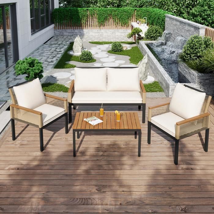 Salon de jardin en acier 4 places- 2 fauteuils et table basse - en corde tressée et bois d'acacia - Beige