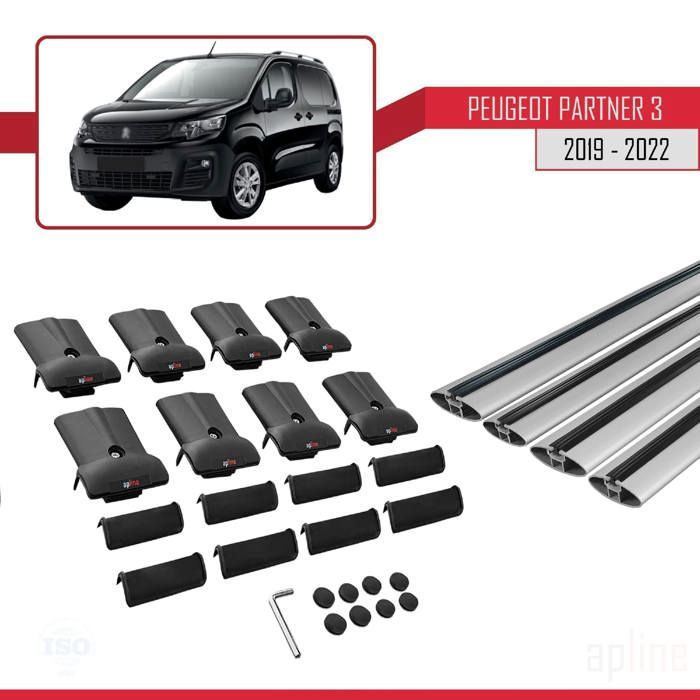 Barras de techo FLY para Peugeot Partner 2019-2023: 4 barras de aluminio, capacidad de carga de 300 kg, color gris.
