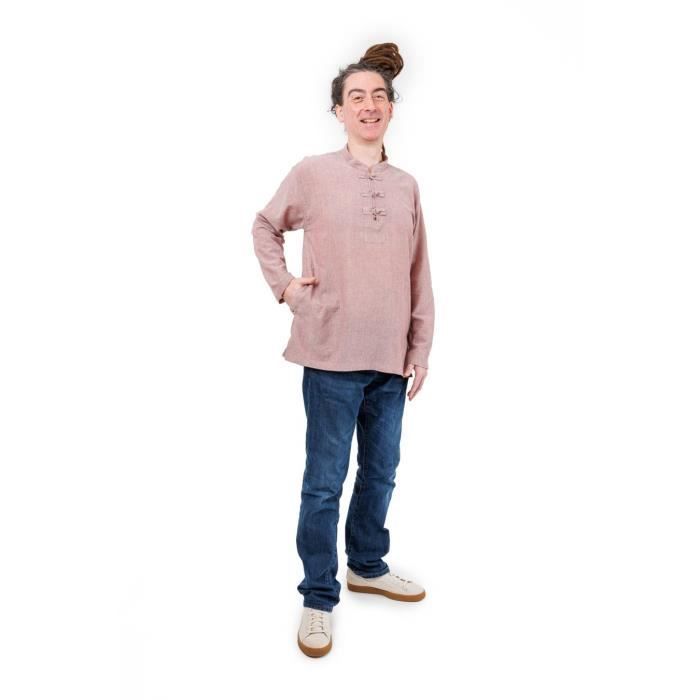 Camicia etnica da uomo - FANTAZIA - Kikori - 100% cotone Khadar - Collo alla coreana - Marrone tenue Bianco mélange