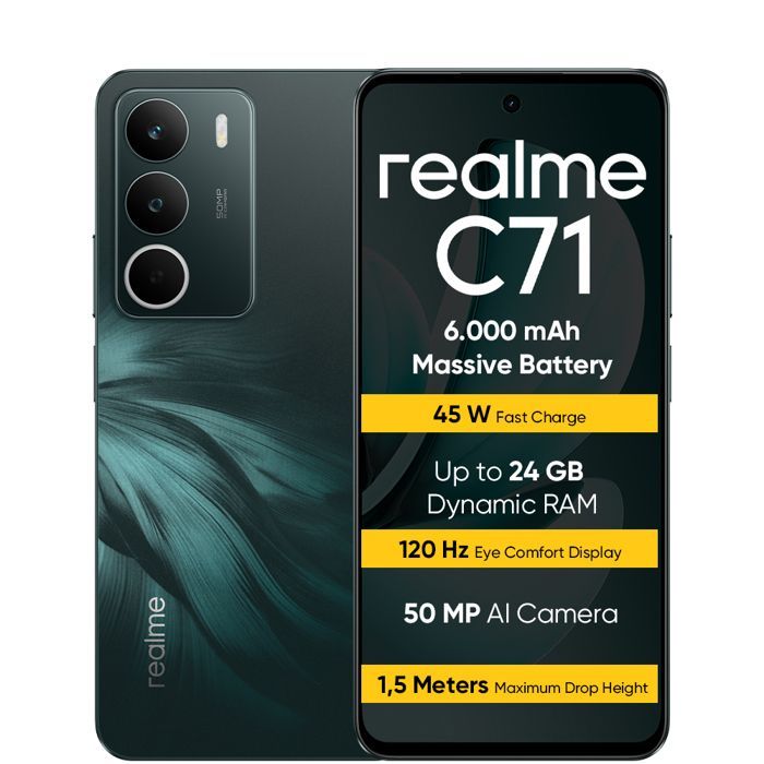 Smartphone realme C71 6+128 GB, bateria de 6.000 mAh, carregamento rápido de 45 W, tela Eye Comfort de 120 Hz, verde
