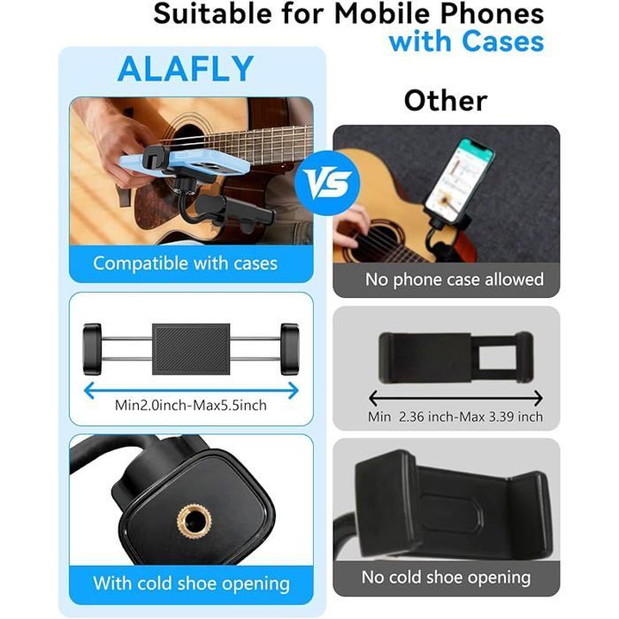 Guitar Phone Holder - Universal Smartphone Holder for Guitar, Bass, Ukulele, Rotating, Black, Clip-on Type