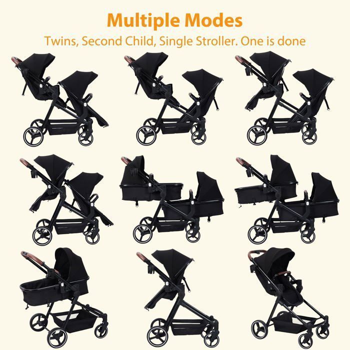 Cochecito doble ligero, carrito de viaje plegable, cochecito tándem compacto con asientos reversibles, capazo para bebé, carga máxima 30 kg.