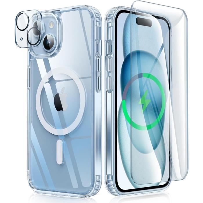 Funda híbrida - MagSafe - iPhone 14 Plus - Transparente - 2 protectores de pantalla de vidrio templado - Protector de cámara trasera