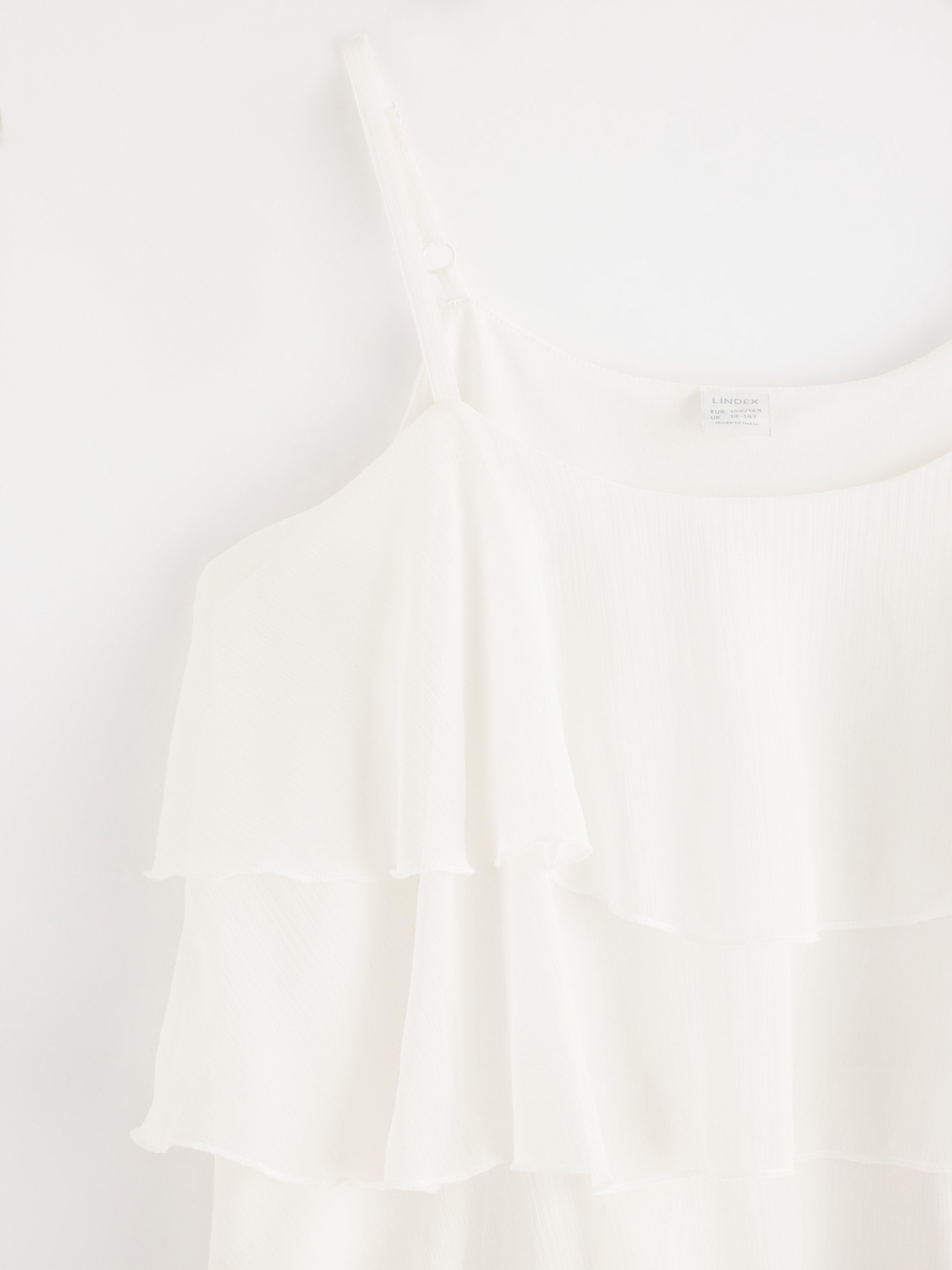 Blusa de tecido plano com babados, cor off-white.
