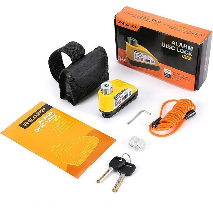 Disco antirrobo para motocicletas REAPP, alarma de 110 dB, cable de 1,5 m, para motocicletas, bicicletas, Vespas y ciclomotores.