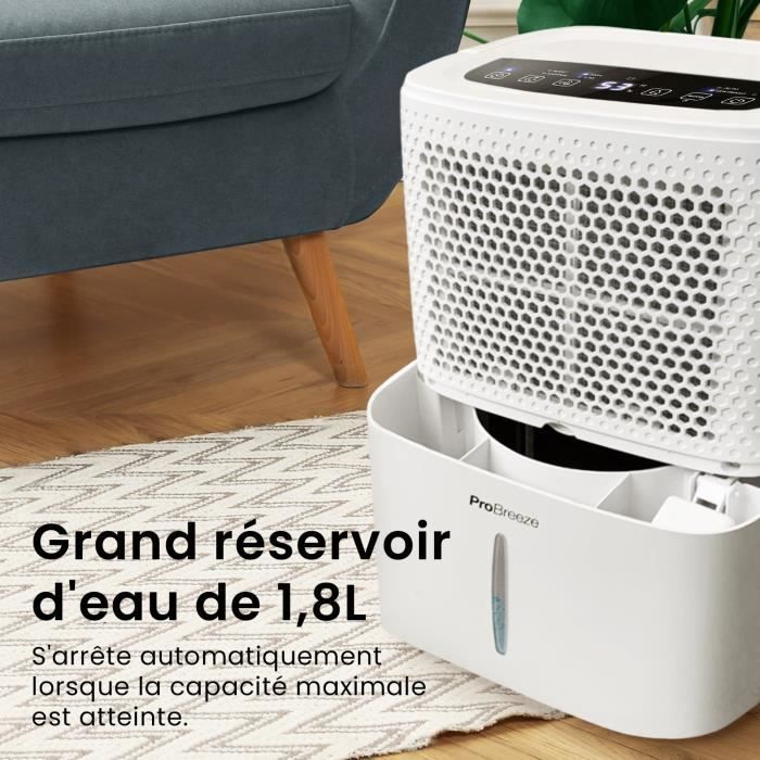 Deshumidificador portátil Pro Breeze de 12 L/día con 3 modos, pantalla digital, drenaje continuo, temporizador y contador.