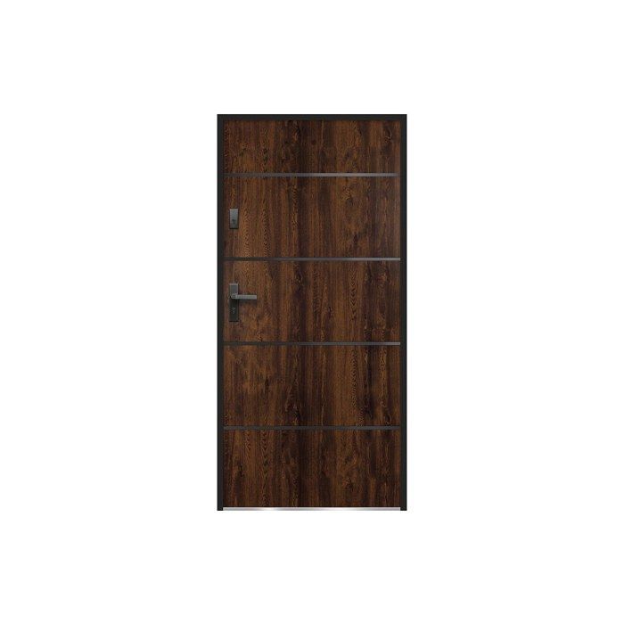 Puerta frontal de acero macizo y acero inoxidable, 207 cm de alto x 100 cm de ancho, acabado natural oscuro - 55 mm de espesor - apertura a la derecha - NAXARA