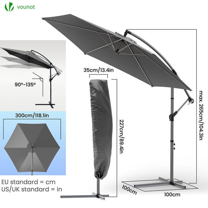 VOUNOT® Parasol déporté inclinable 3M Gris - Rotatif 360° - Inclinaison réglable - Manivelle anti-retour - Housse de protection