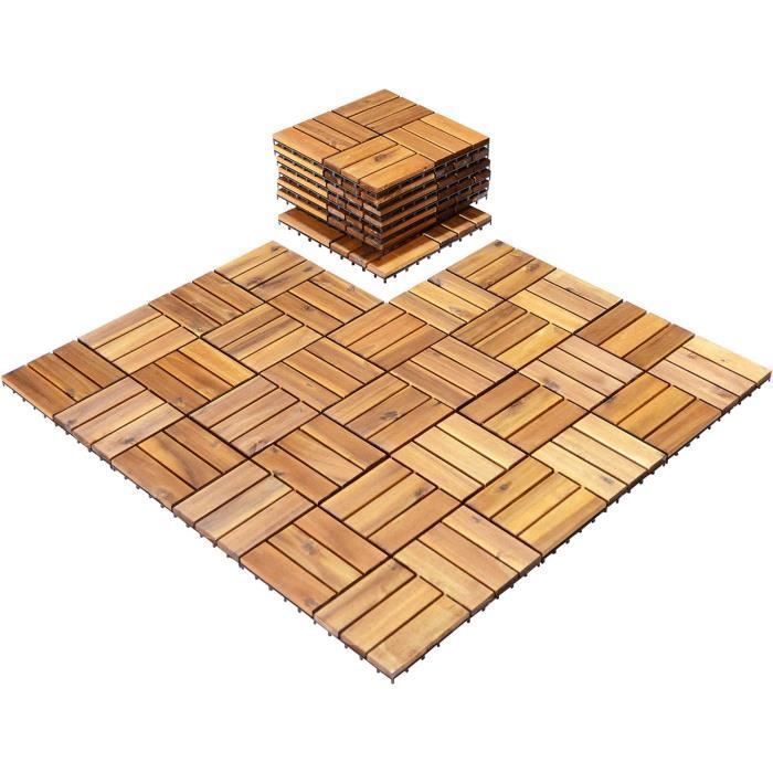 Sett med 27 COSTWAY 30 x 30 cm sammenlåsende terrassefliser i akasietre, foroljet med plastmatte – 12 lameller