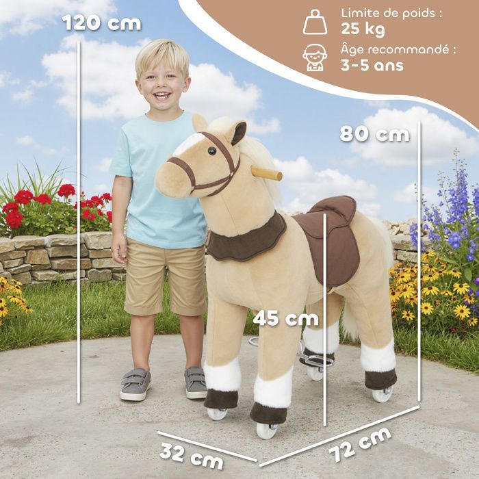 Cavallo a dondolo - animale a dondolo - AIYAPLAY - su ruote, con sella e finimenti - peluche corto - 72 x 32 x 80 cm - marrone