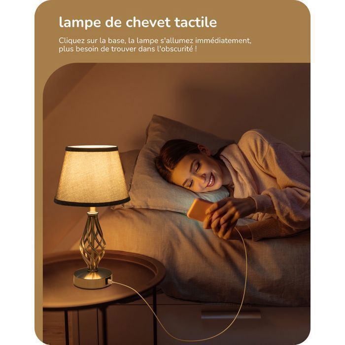 EDISHINE Lampe à Poser Tactile Lot de 2, USB A+C, Ampoule E27 LED Dimmable Fournie, Abat-jour Gris