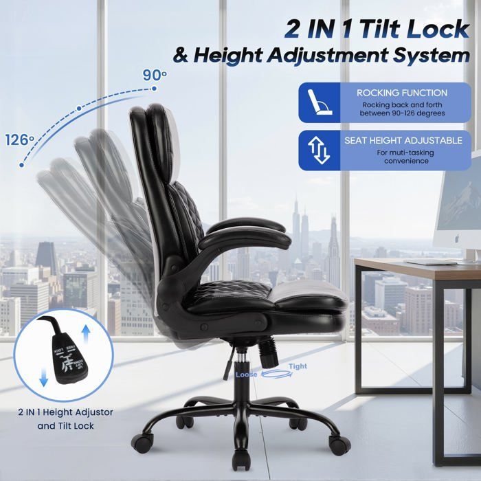 Silla de oficina ergonómica de cuero con altura ajustable, respaldo reclinable y cómodos reposabrazos (negra).