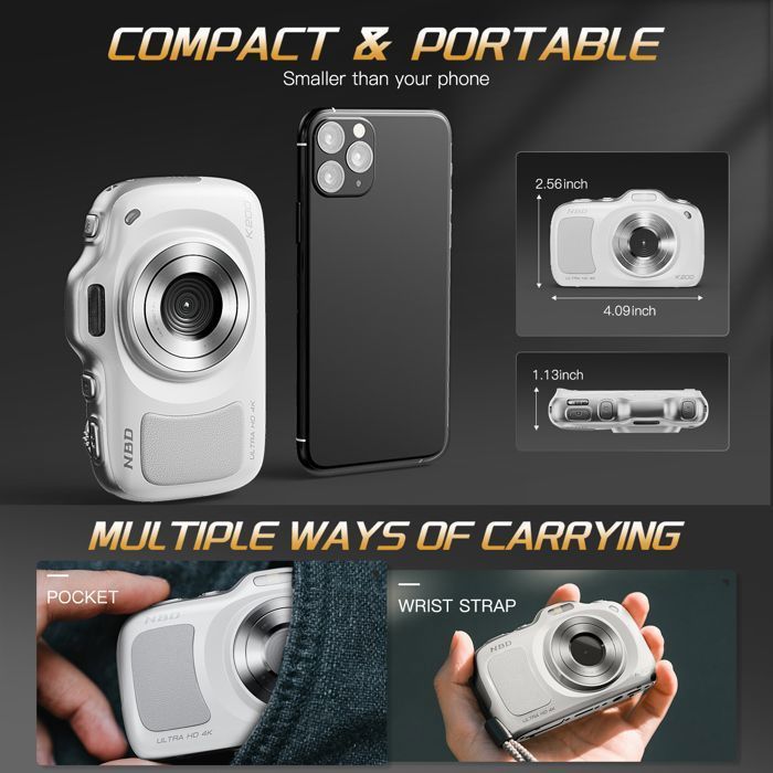 Appareil photo numérique 4K 64 MP pour la photographie avec autofocus, zoom 16x, design compact, inclut une carte SD 32 Go,Blanc
