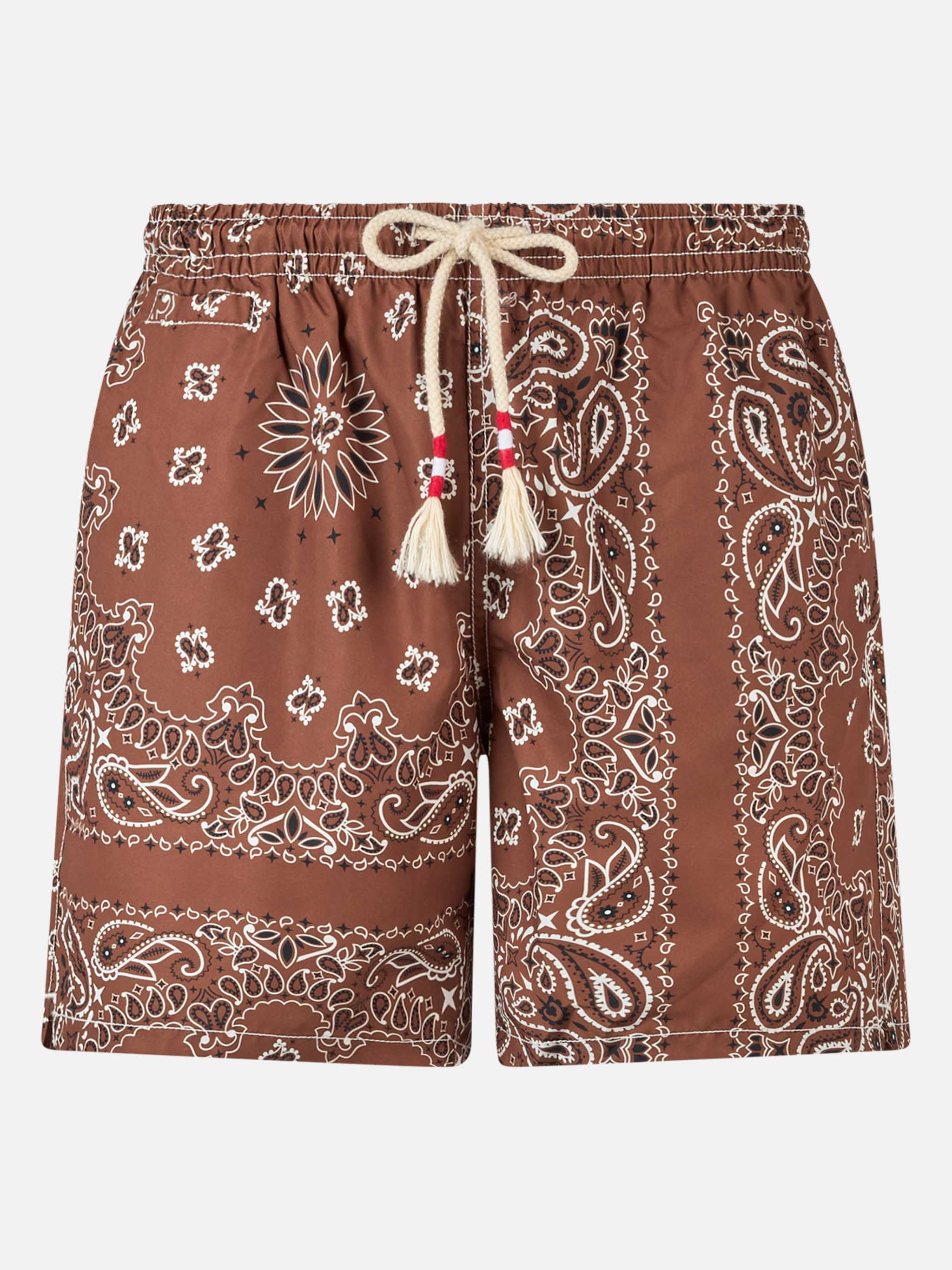 Heren zwempak in bruin met bandana-print