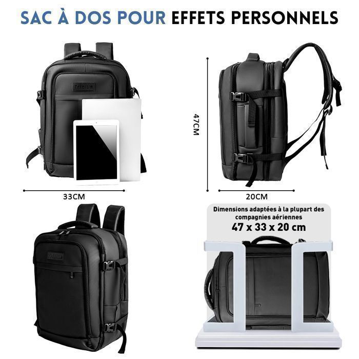 Bolsa de viaje con compresión al vacío - 47 × 33 × 20 cm - Mochila multibolsillos - Impermeable - 35 L - Equipaje de cabina, color negro