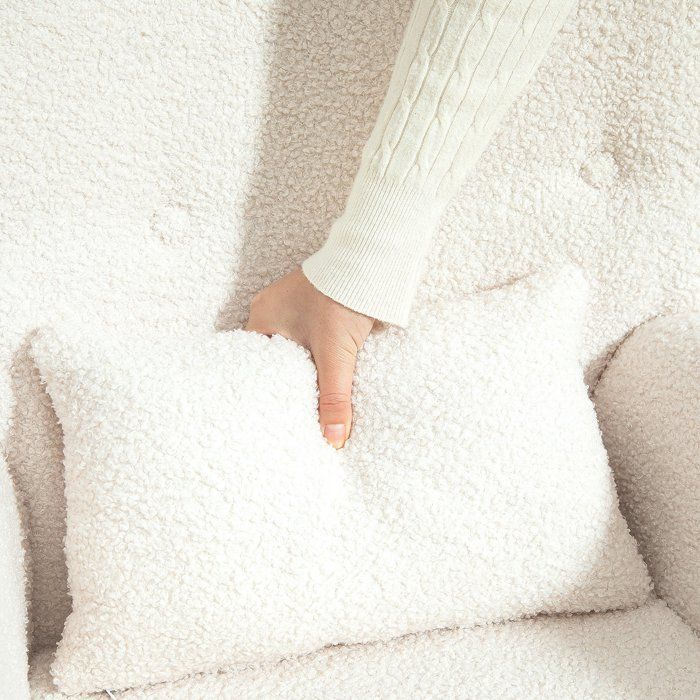 Poltrona a dondolo con braccioli, tessuto felpato, poltrona per allattamento con piedini in legno, cuscino lombare, bianco crema.