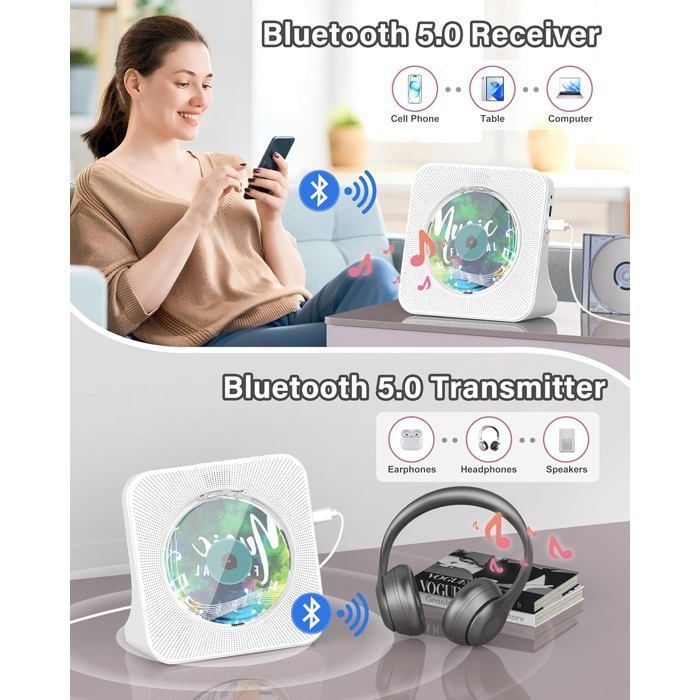 Bluetooth 5.0 cd-speler, HiFi, afstandsbediening, led-display, FM-radio, AUX/USB, stofbestendig, wit