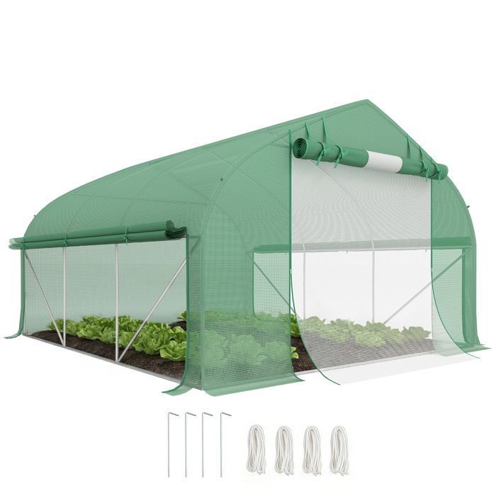 Serre de jardin tunnel - Outsunny - 10,4 m² - porte zippée enroulable fenêtres en maille - anti-UV - 350 x 300 x 200 cm - vert