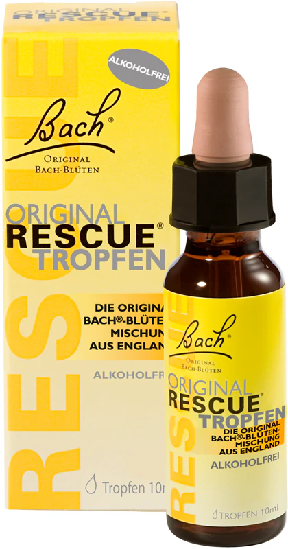 Gotas de suplemento alimentar RESCUE® dos Florais de Bach® para alívio do estresse e bem-estar mental.
