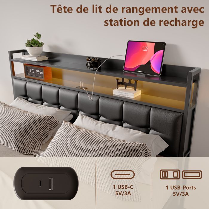 160 x 200 cm storage bed, 160x200 bed with slatted base, adult bed with USB port and LED, bed frame, with headboard, Black, PU