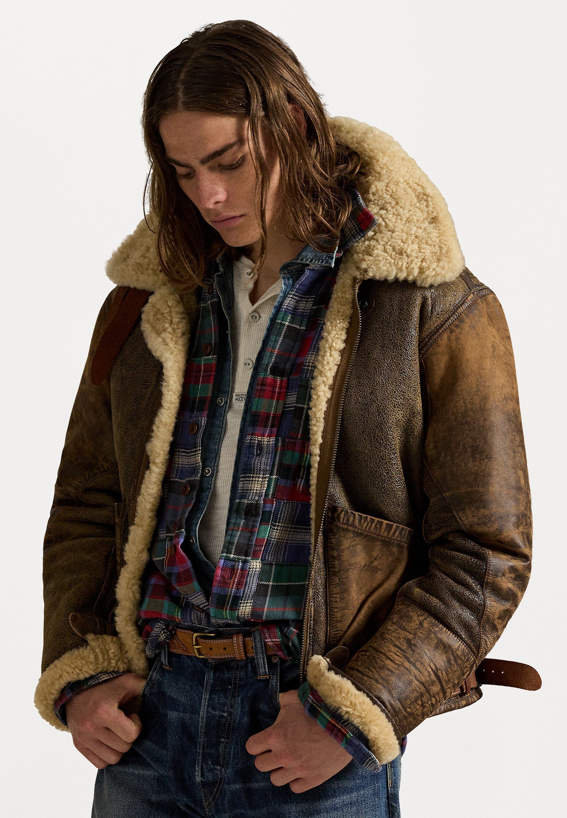 Giacca bomber in montone con finiture in pelle Polo Ralph Lauren - Giacca in pelle - marrone terra