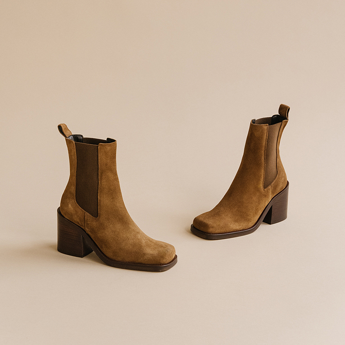 Boots à talons hauts et élastiques  en croute tabac