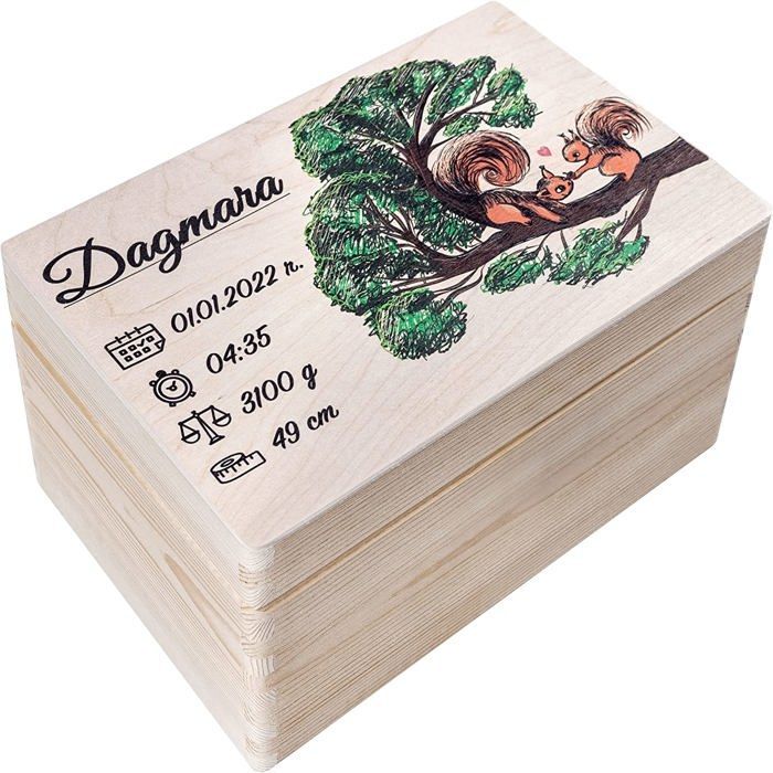Caja de recuerdos - Caja de regalo personalizada para bebé - Regalo para bebé - 30 x 20 x 14 cm - Diseño de ardilla