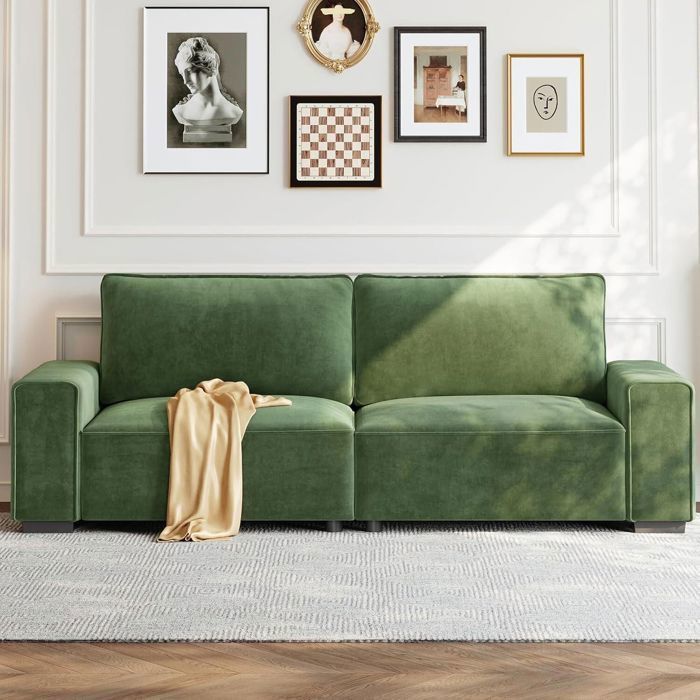 Canapé 3 places confortable en chenille pour salon,Canapé avec accoudoirs larges,coussins épais à ressorts,220×82×84cm,Vert