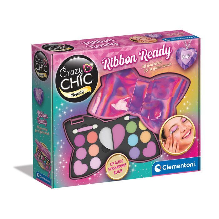 CLEMENTONI - Kit de maquillaje con pajarita - Paleta de maquillaje infantil - Sombras de ojos, brillo de labios, esponja, brochas - A partir de 6 años