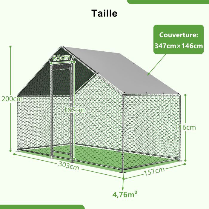 Enclos Poulailler 4.5 m² avec Toit Imperméable, Acier Galvanisé, Parc Grillagé 3x1.5x2m pour poules,lapins, Anti UV