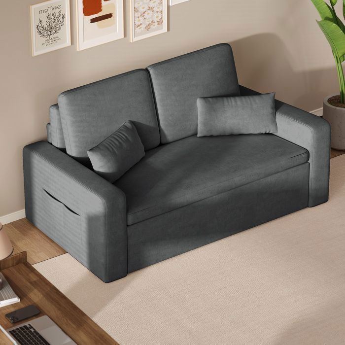 Schlafsofa Bealife – 2-Sitzer-Schlafsofa – 2 Kissen – 2 Seitentaschen – Wendbar – Grauer Chenille-Stoff