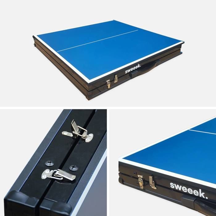 Mini mesa de ping-pong azul para interiores, 150x75cm, con 2 paletas y 3 pelotas.