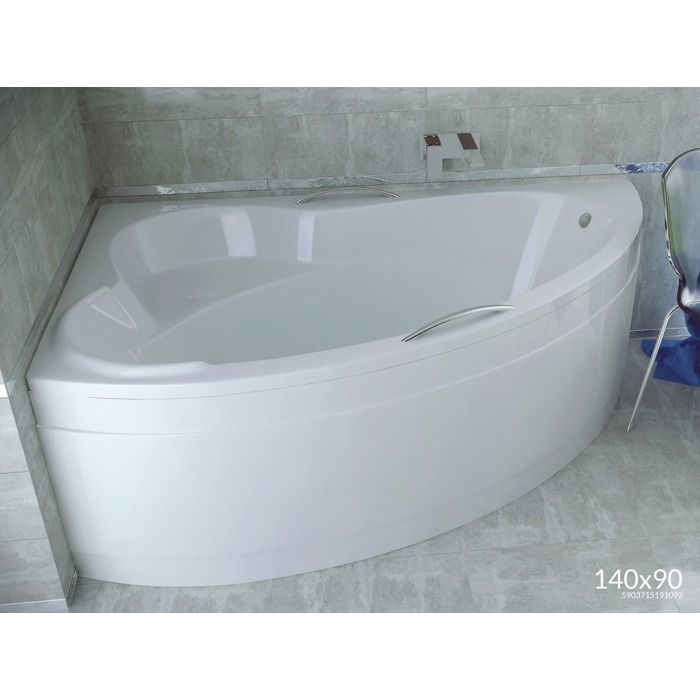 Vasca angolare 140x90 con apertura a sinistra, pannello frontale in acrilico, sifone e piedini conformi agli standard ADA.