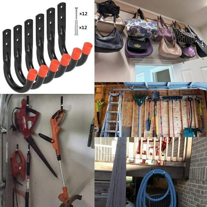 Ganci a U resistenti da fissare alla parete del garage, ideali per biciclette, sedie, scale e attrezzi.