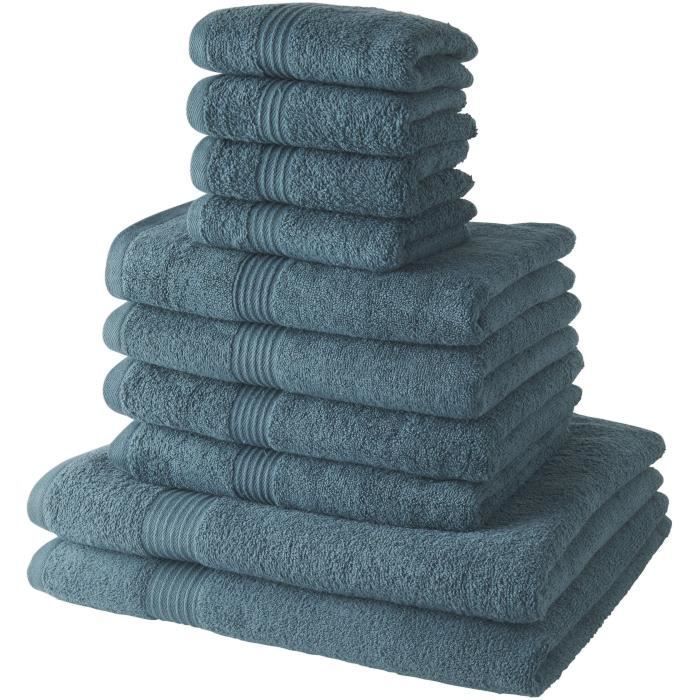 Juego de 10 toallas de baño TODAY que incluye 4 toallas de 30x50 cm + 4 toallas de 50x90 cm + 2 sábanas de baño de 70x130 cm. 100% algodón - Pavo real.