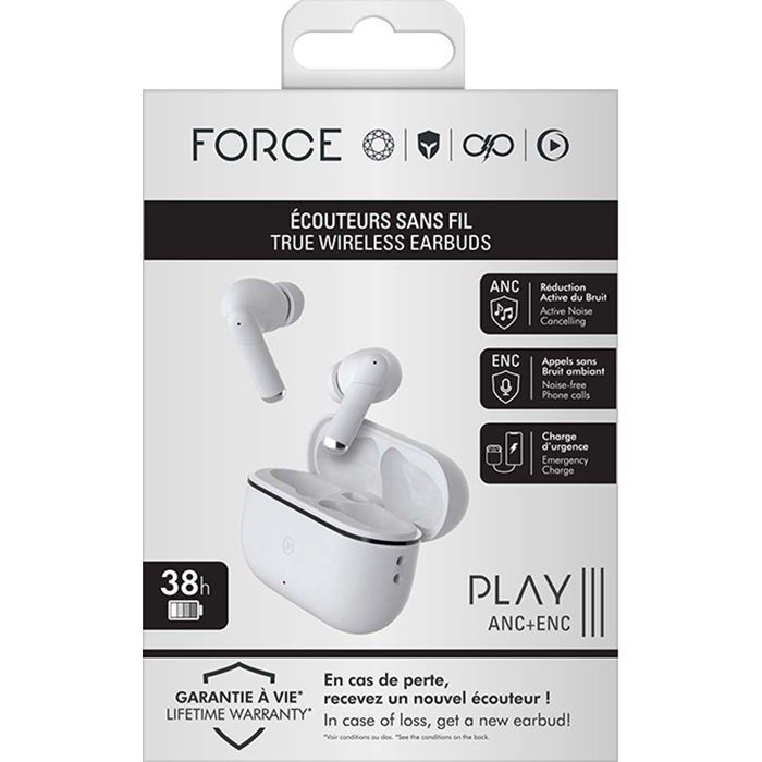 Force Play III True Wireless ANC+ENC Earbuds, White - Force Play Lifetime Warranty