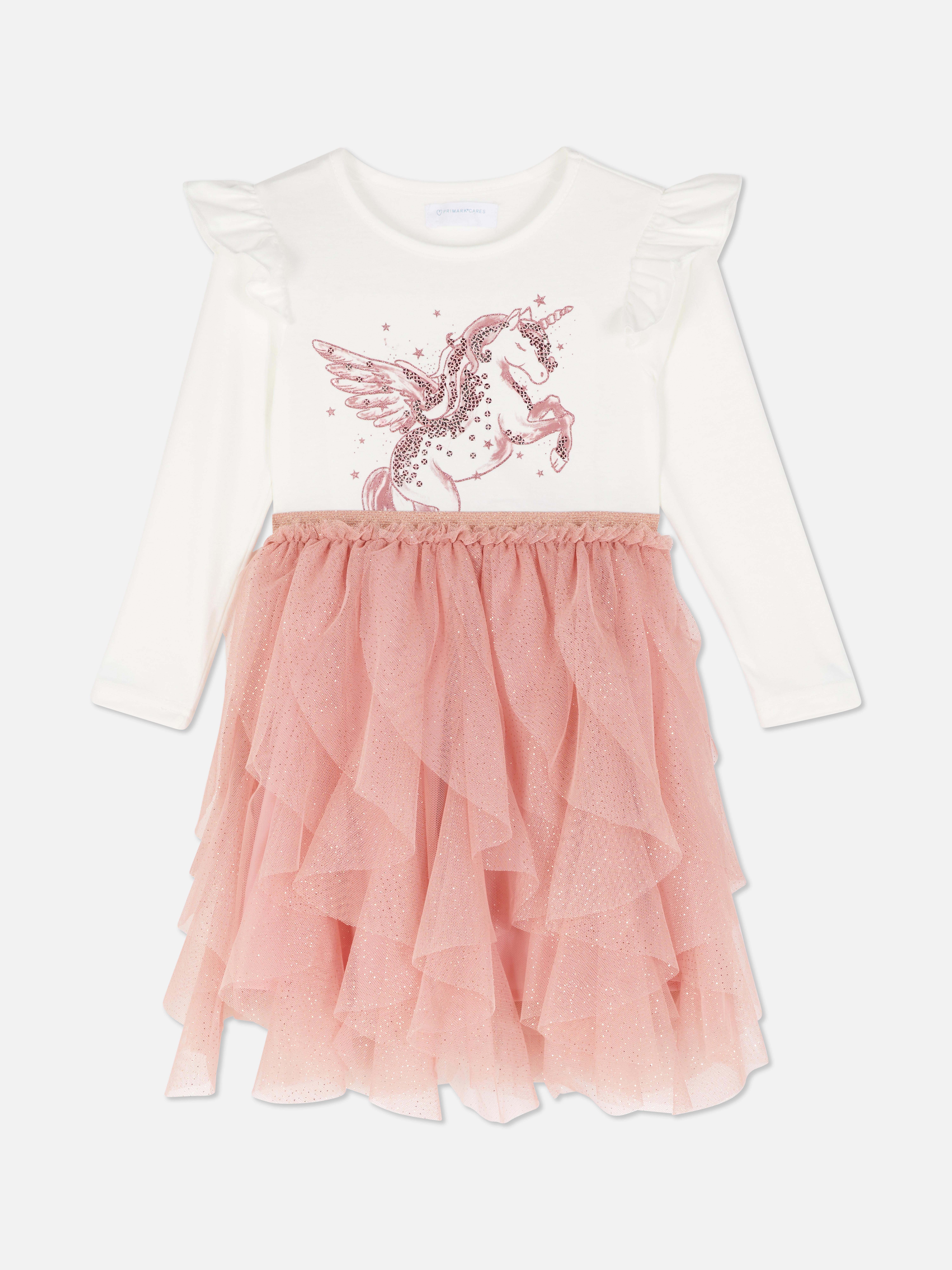 Tutu-Kleid mit Einhorn: Kleid mit Tüllrock, Rüschen an den Schultern, langen Ärmeln und einem Pailletten-Einhorn